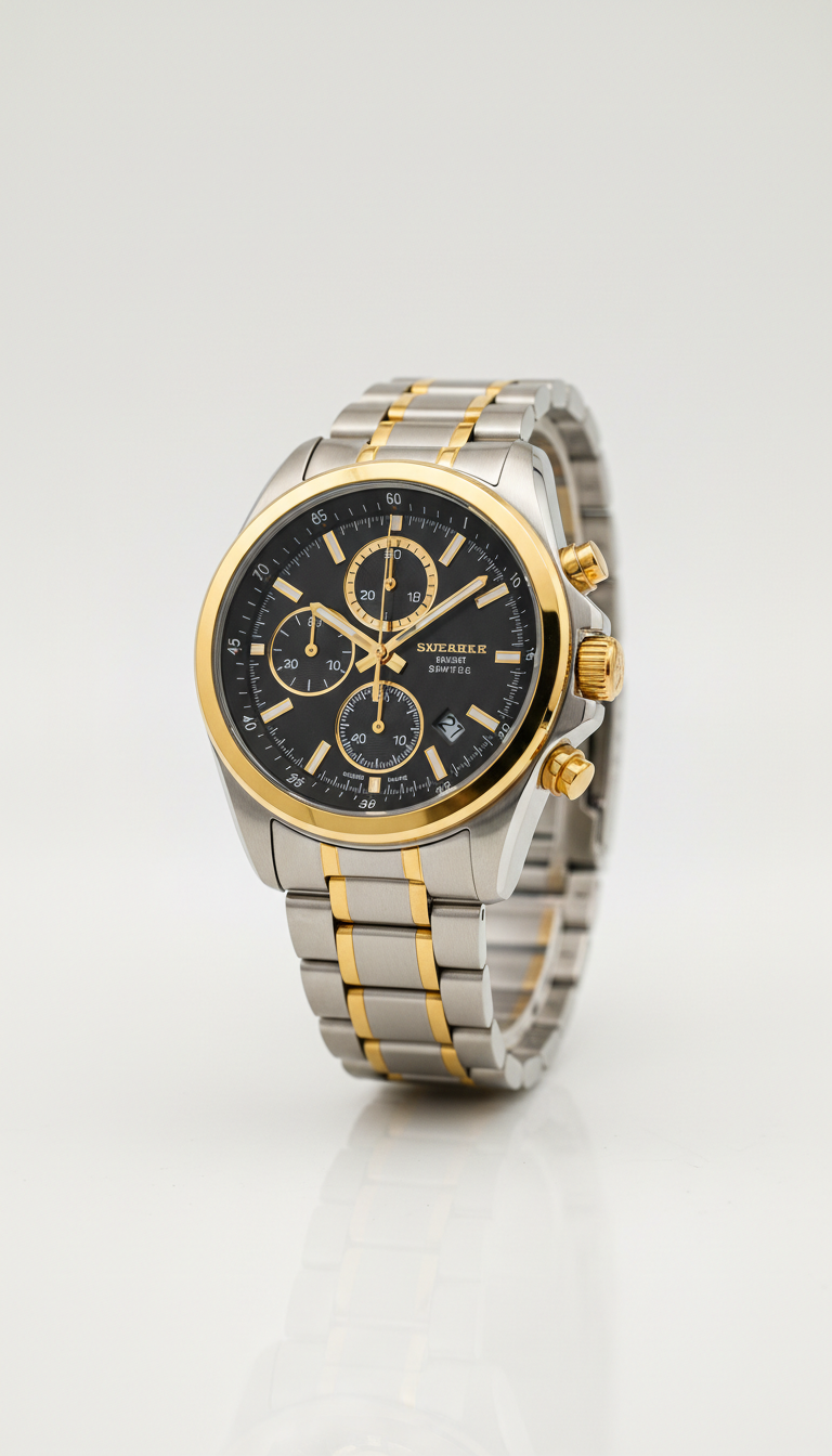 Stainless steel chronograph watch gold accents